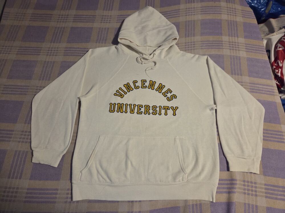 Vintage 70s Vincennes University Raglan Hoodie USA Made White Yellow College